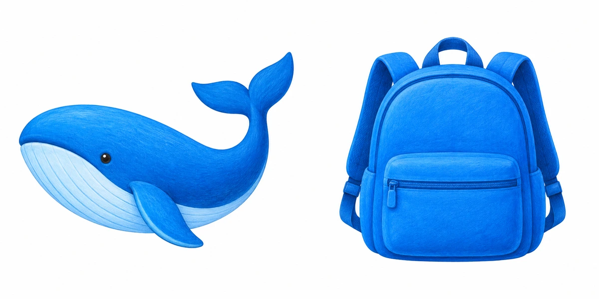 Una ballena y una mochila: dibujos diferentes que se unen por su color azul